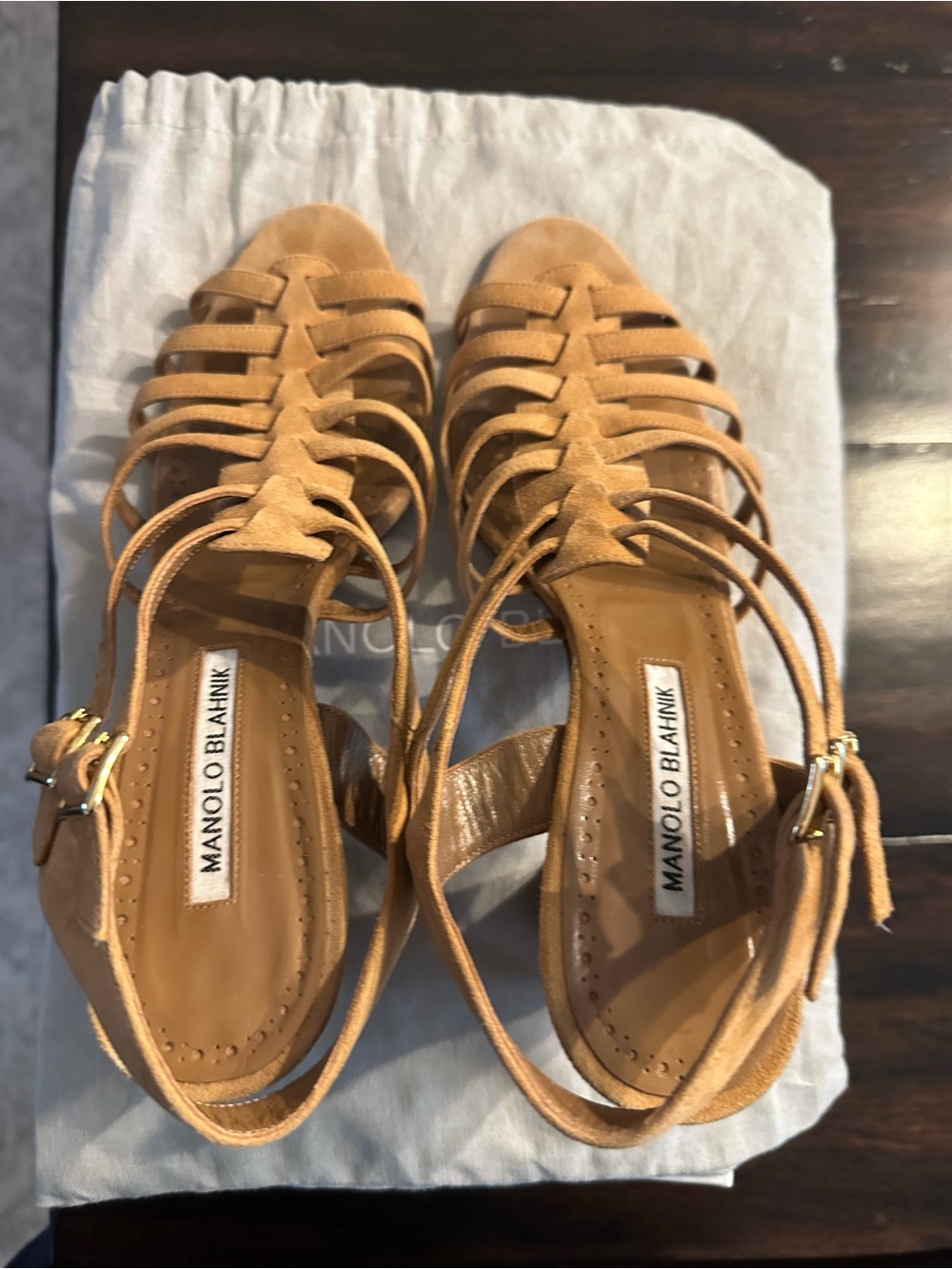 Manolo Blahnik Tan Suede Multi‑Strap Heels